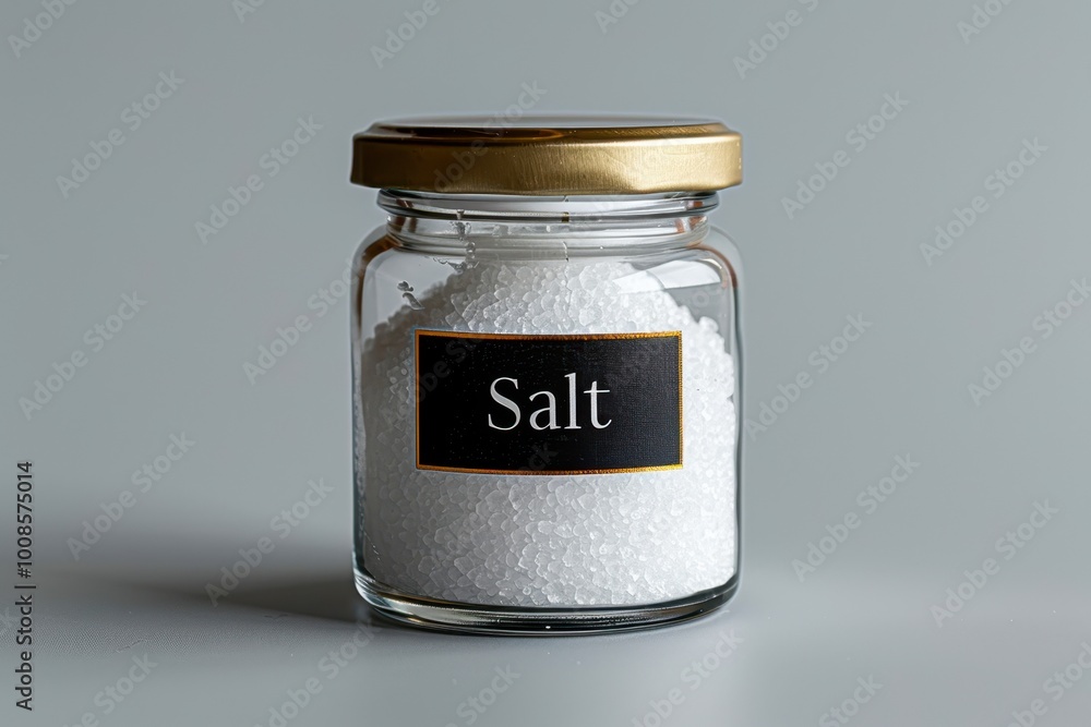 A clear jar filled with coarse salt, labeled simply Salt, This image is ideal for culinary blogs, recipe books, or articles discussing food preservation, cooking tips, and kitchen organization, A clear jar filled with coarse salt, labeled simply Salt, This image is ideal for culinary blogs, recipe books, or articles discussing food preservation, cooking tips, and kitchen organization,