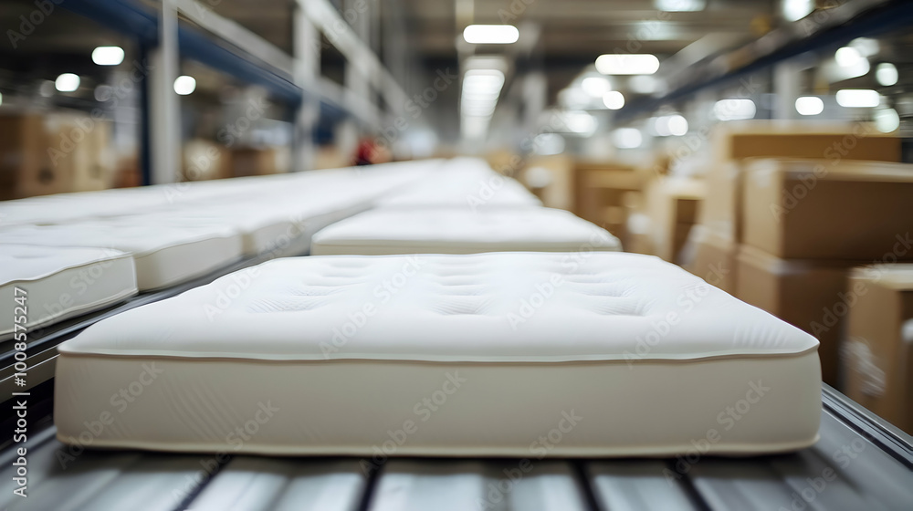 A Close-up View of a White Mattress Moving Along a Conveyor Belt in a Factory Setting, with Blurred Boxes in the Background A Close-up View of a White Mattress Moving Along a Conveyor Belt in a Factory Setting, with Blurred Boxes in the Background