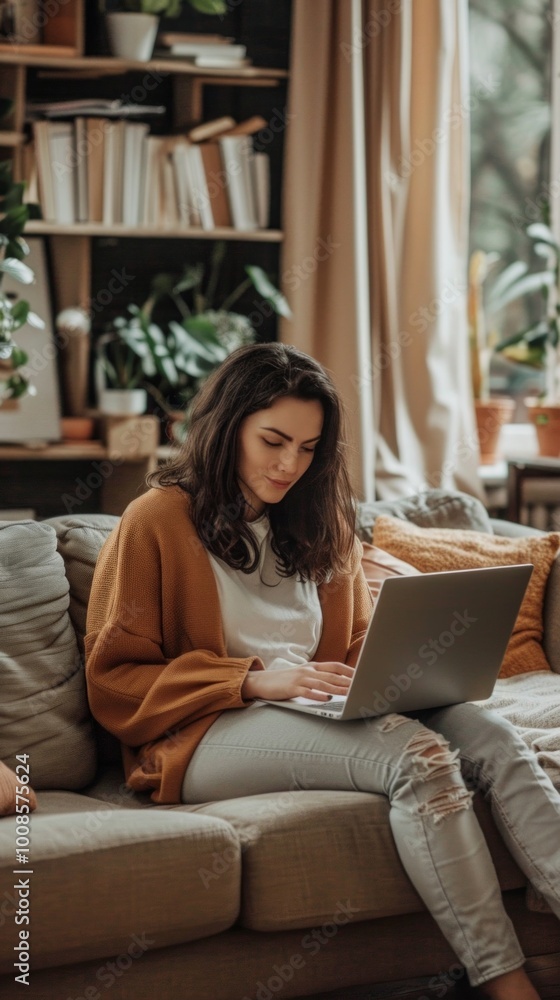 A woman in a cozy living room, wearing a white t-shirt and orange cardigan, works on her laptop surrounded by books and plants. A woman in a cozy living room, wearing a white t-shirt and orange cardigan, works on her laptop surrounded by books and plants.