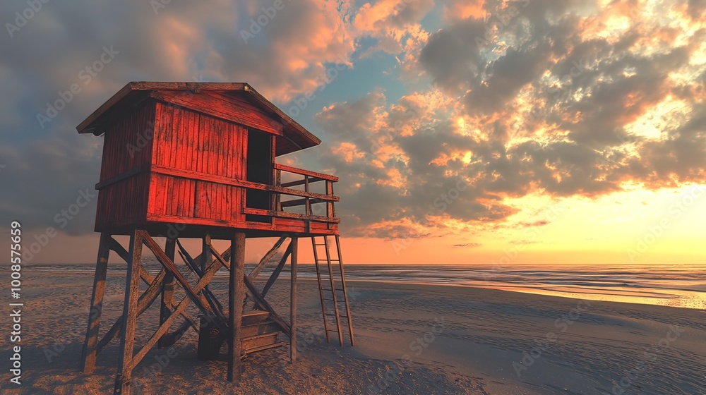 Sunset on a Beach with a Red Lifeguard Stand Sunset on a Beach with a Red Lifeguard Stand