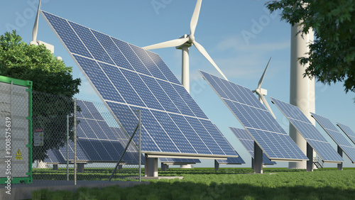 Schilderij op canvas Windmills and solar panels in a landscape. Realistic 3d render.