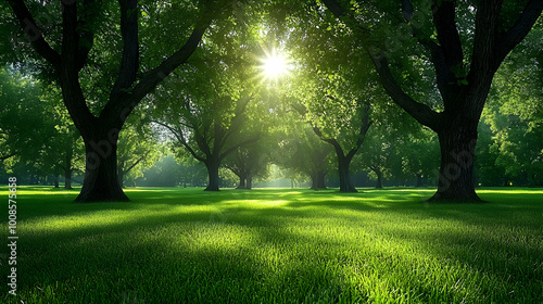 Sunlight Filtering Through Lush Green Trees in a Tranquil Forest Setting