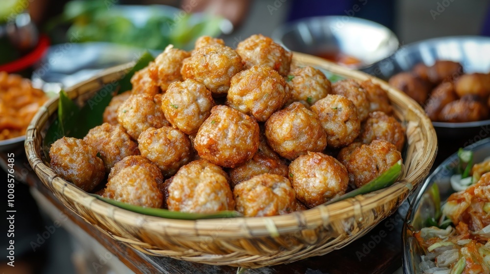 Golden Fried Meatballs in a Wicker Basket Golden Fried Meatballs in a Wicker Basket