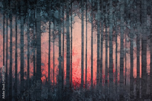 Abstract Forest Painting with Dark Silhouettes and a Reddish Glow