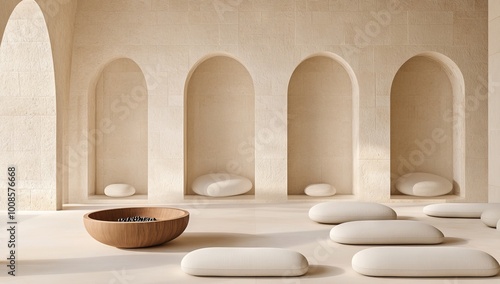 Surrealistic Spa Interior Design with Round Sofa and Meditation Cushions photo