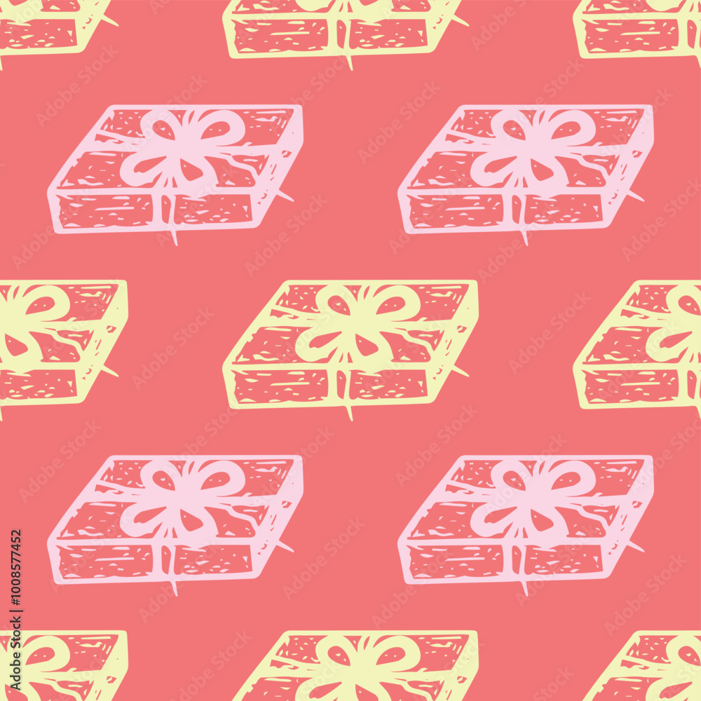Festive hand-drawn pattern in doodle style with gift boxes on a pink coral color background Festive hand-drawn pattern in doodle style with gift boxes on a pink coral color background