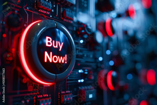 A close-up of a glowing Buy Now button set against a high-tech circuit board background, ideal for e-commerce platforms and digital marketing visuals, Great for capturing attention in ads,