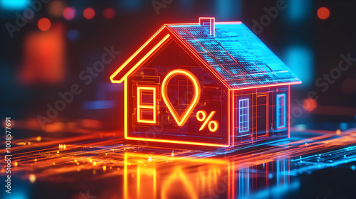 A 3D neon glowing house with a percentage sign and a pin icon on a dark background with a glowing blue and orange digital pattern, a modern digital illustration.