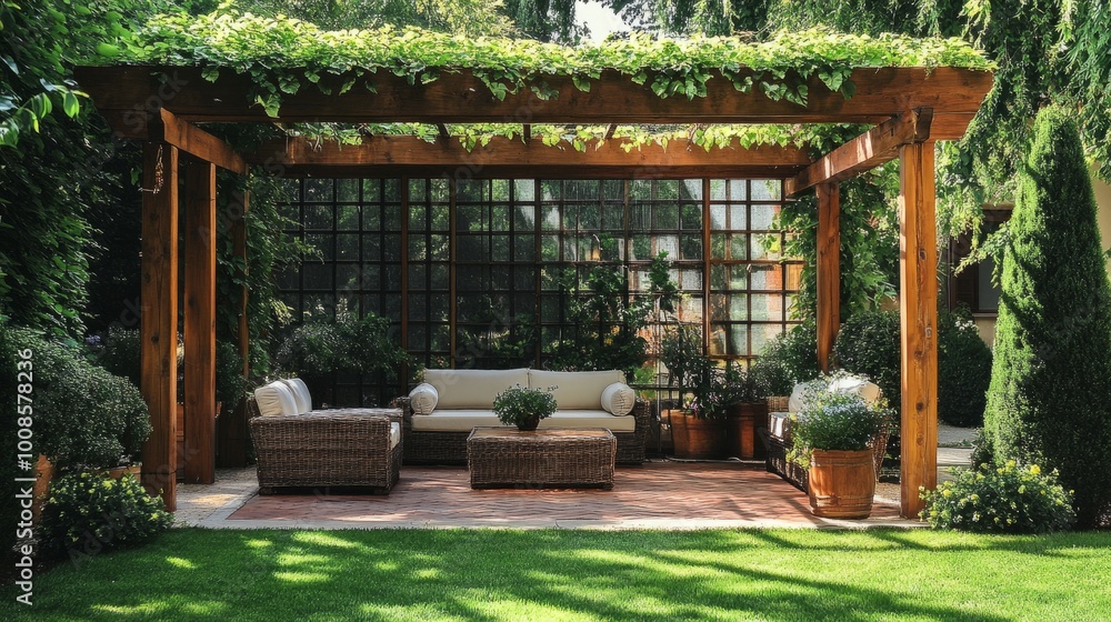 Naklejka premium Wooden pergola in a lush green garden, with comfortable seating and clear windows, creating a tranquil patio setting