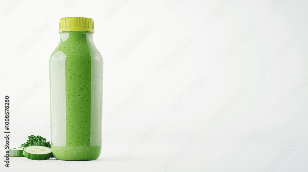 Green smoothie with kale and cucumber, eco-friendly bottle, 3D illustration Green smoothie with kale and cucumber, eco-friendly bottle, 3D illustration