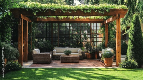 Wooden pergola in a lush green garden, with comfortable seating and clear windows, creating a tranquil patio setting