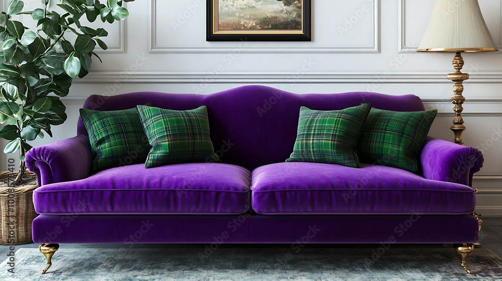 Plush purple sofa with decorative pillows in elegant setting. Plush purple sofa with decorative pillows in elegant setting.
