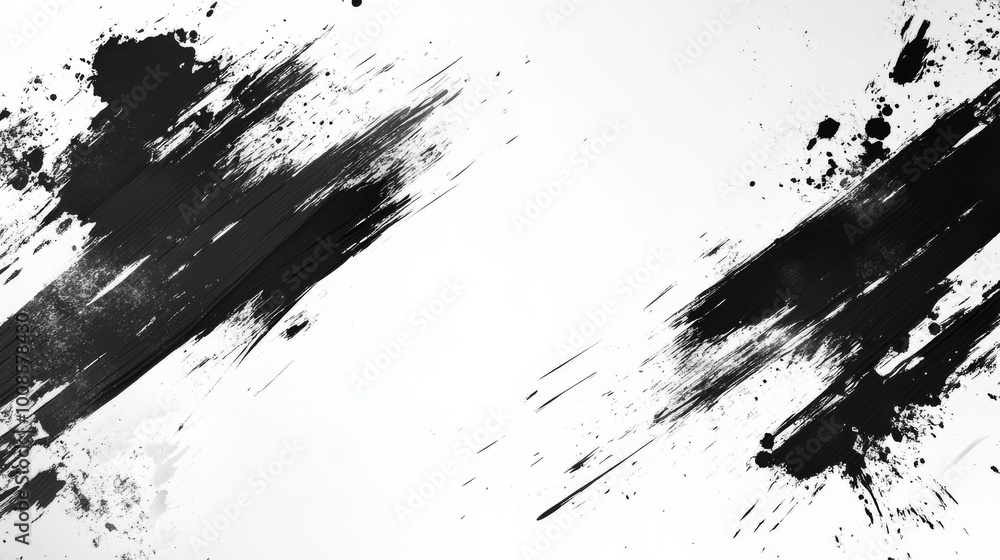 An abstract artwork featuring dynamic black paint strokes on a stark white background, creating a sense of motion and contrast with splattered textures. An abstract artwork featuring dynamic black paint strokes on a stark white background, creating a sense of motion and contrast with splattered textures.