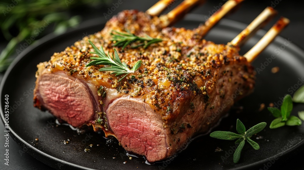 A beautifully cooked rack of lamb with a herb crust, resting elegantly on a dark plate. Fresh rosemary adds visual appeal to the succulent, medium-rare meat. A beautifully cooked rack of lamb with a herb crust, resting elegantly on a dark plate. Fresh rosemary adds visual appeal to the succulent, medium-rare meat.