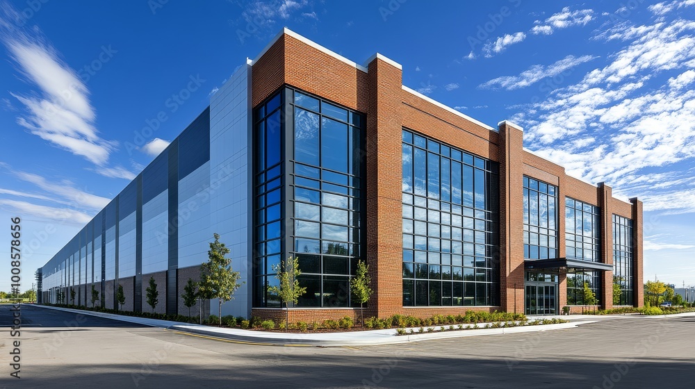 A spacious and contemporary warehouse building featuring sturdy brick construction and large glass windows, representing industrial efficiency and modern architecture. A spacious and contemporary warehouse building featuring sturdy brick construction and large glass windows, representing industrial efficiency and modern architecture.