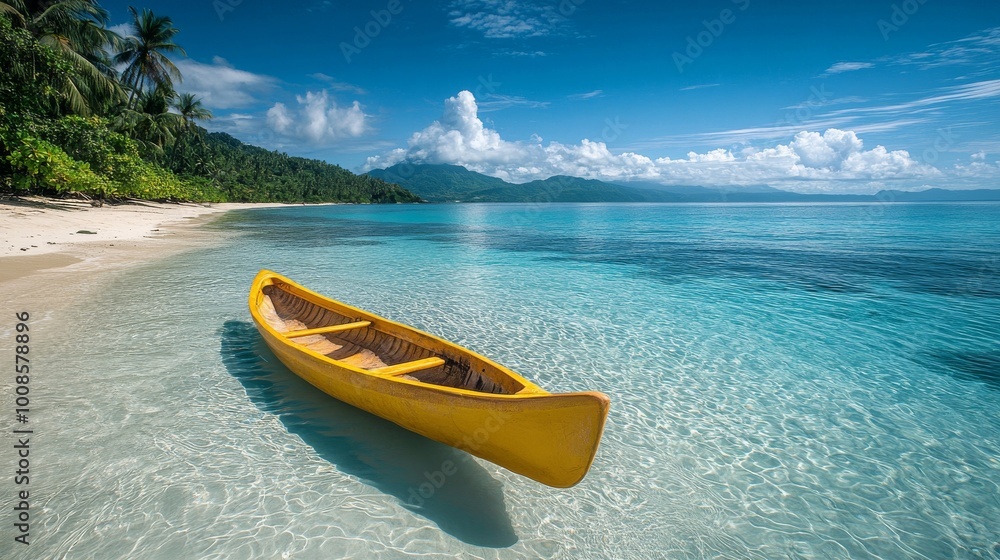A serene beach scene showing a yellow canoe gently resting on the shore with calm turquoise water under a clear blue sky, reflecting tropical relaxation and adventure. A serene beach scene showing a yellow canoe gently resting on the shore with calm turquoise water under a clear blue sky, reflecting tropical relaxation and adventure.