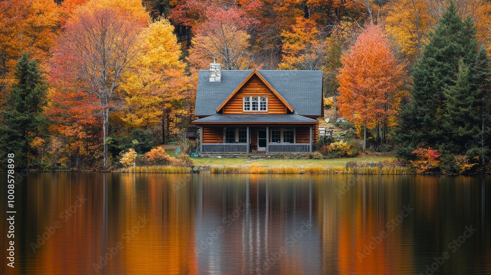 A cozy wooden cabin is set against a vibrant backdrop of colorful autumn trees by a peaceful lake, illustrating a picture-perfect retreat and autumnal tranquility. A cozy wooden cabin is set against a vibrant backdrop of colorful autumn trees by a peaceful lake, illustrating a picture-perfect retreat and autumnal tranquility.