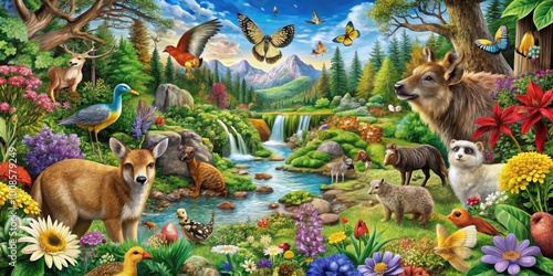 Intricate Hidden Pictures Puzzle Featuring Nature Scenes, Animals, and Objects for Fun Exploration photo