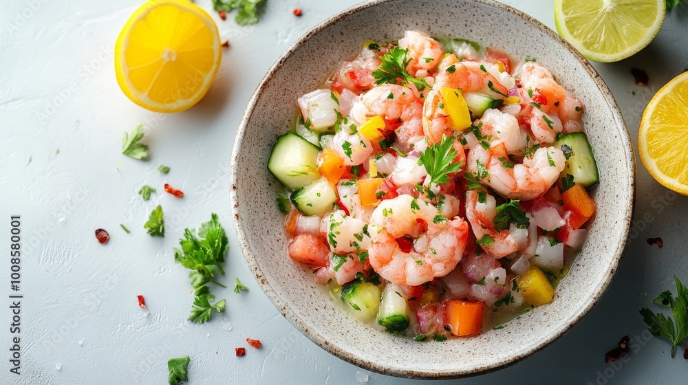 A refreshing dish of shrimp ceviche, featuring fresh shrimp, diced vegetables, and vibrant citrus garnishes, served in a rustic bowl and an artistic culinary presentation. A refreshing dish of shrimp ceviche, featuring fresh shrimp, diced vegetables, and vibrant citrus garnishes, served in a rustic bowl and an artistic culinary presentation.