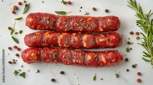 Three uncooked sausages elegantly seasoned with herbs and spices, displayed on a marble surface, reflecting tradition and culinary craftsmanship. photo