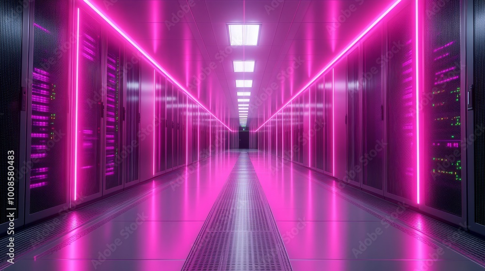 Long corridor of a data server room bathed in glowing neon lights, highlighting the advanced technology and broad horizons of future digital infrastructure. Long corridor of a data server room bathed in glowing neon lights, highlighting the advanced technology and broad horizons of future digital infrastructure.