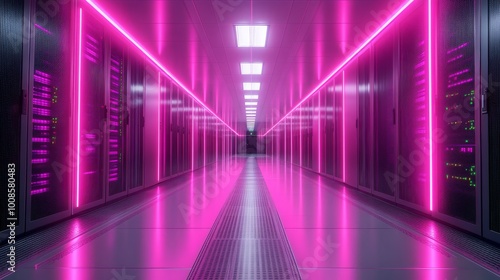 Wallpaper Mural Long corridor of a data server room bathed in glowing neon lights, highlighting the advanced technology and broad horizons of future digital infrastructure. Torontodigital.ca