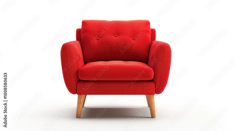 Fototapeta premium A comfortable red club chair with wooden legs and armrest on a white background. The sleek automotive design complements the human body for ultimate comfort and style