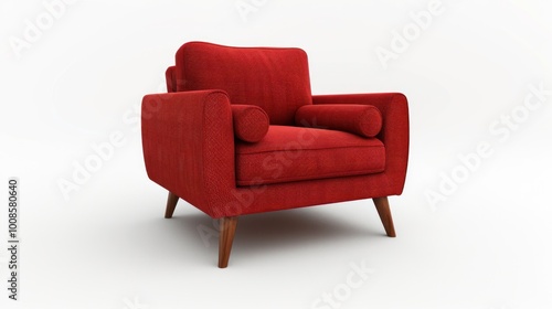 A comfortable red club chair with wooden legs and armrest on a white background. The sleek automotive design complements the human body for ultimate comfort and style