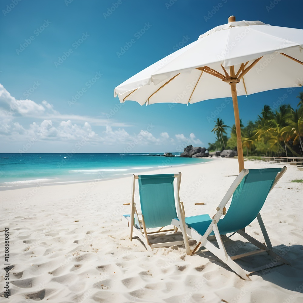 Sandy Serenity: Relaxing with Deckchairs and Parasol on Tropical Beach Sandy Serenity: Relaxing with Deckchairs and Parasol on Tropical Beach