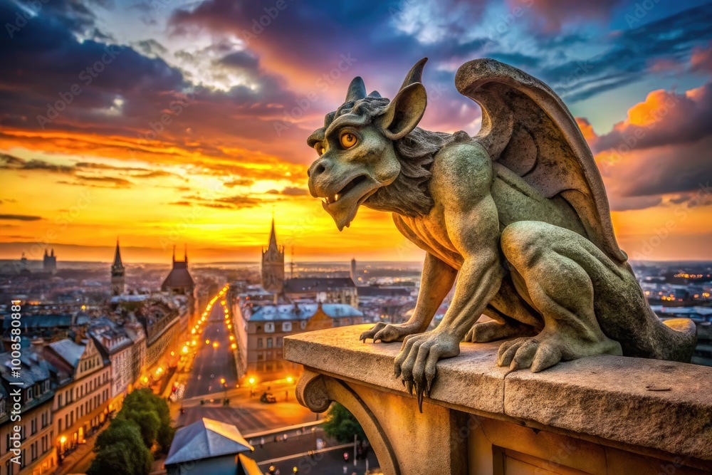 Fototapeta premium Intricate stone gargoyle perched atop a historic building, overlooking the cityscape at sunset