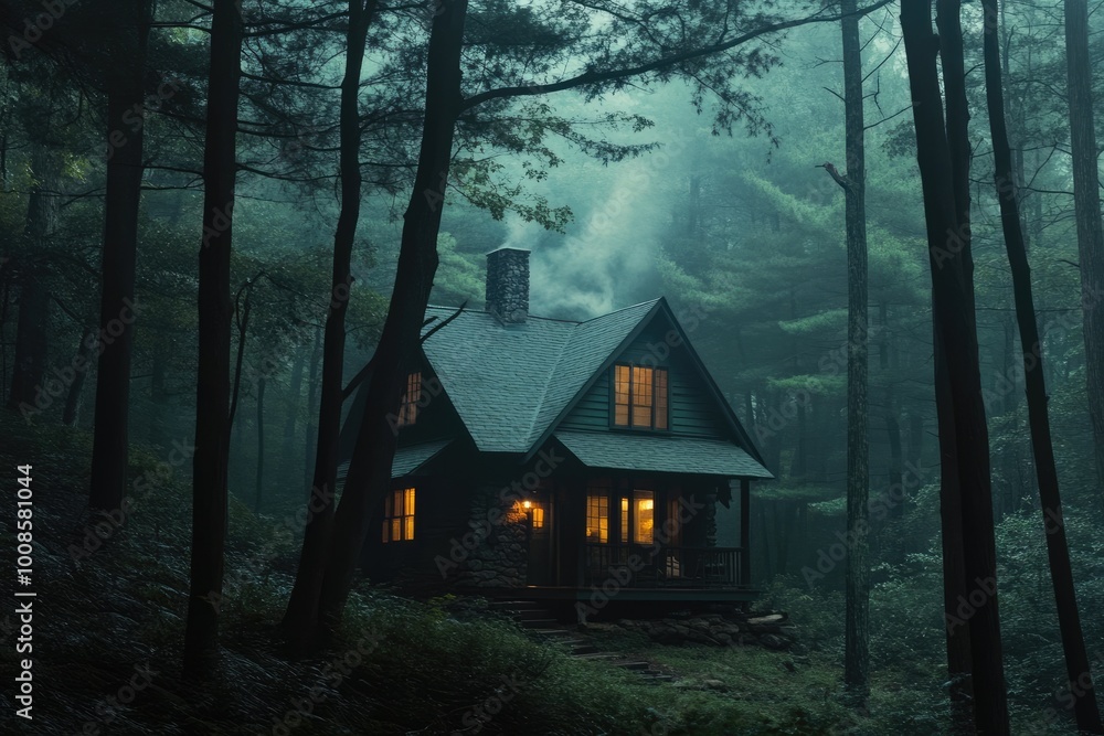 A Cozy Cabin Nestled in a Foggy Forest A Cozy Cabin Nestled in a Foggy Forest