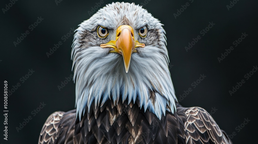 Obraz premium A detailed close-up of the Bald Eagle, America's national bird, perched majestically with its sharp eyes and powerful stance