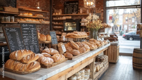 A cozy bakery setting features an assortment of freshly baked breads, inviting customers with its warm, rustic charm and plentiful selection on display.