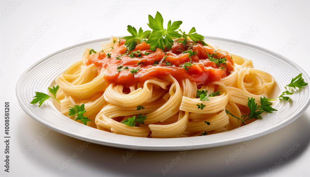A plate of spaghetti with meat sauce and basil, a classic Italian dish A plate of spaghetti with meat sauce and basil, a classic Italian dish