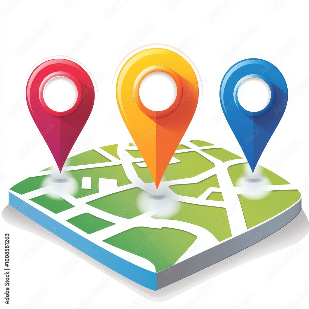 Three Colorful Location Pins on a City Map, Concept for Navigation, Travel, and Finding Places. Three Colorful Location Pins on a City Map, Concept for Navigation, Travel, and Finding Places.