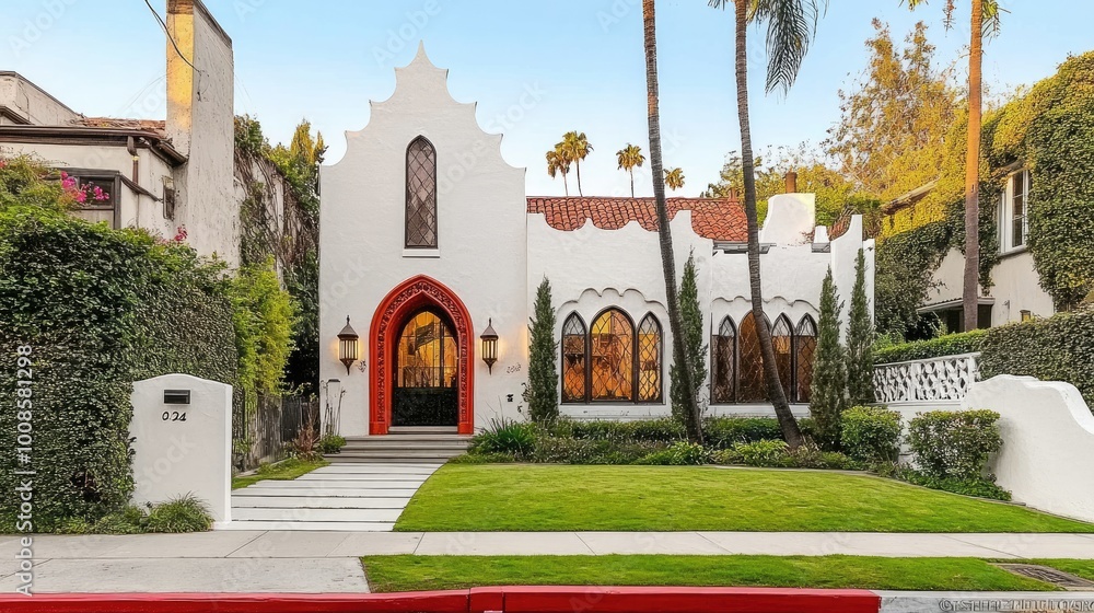 Obraz premium A beautifully crafted white house with striking red accents in a suburban setting, surrounded by neat lawns, combining modern elements with classic craftsman charm.