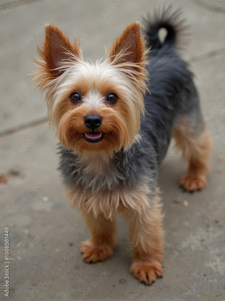 Cheerful Yorkshire Terrier standing on concrete floor, enjoying sunny day outdoors Cheerful Yorkshire Terrier standing on concrete floor, enjoying sunny day outdoors