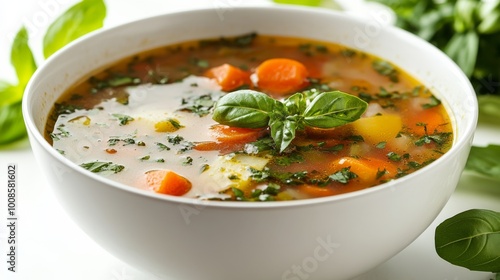 A steaming vegetable soup with vibrant carrots and fresh basil, offering a comforting and nutritious dining experience for the soul.