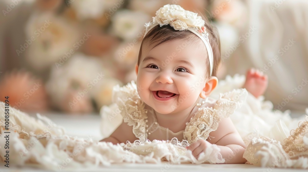 A joyful infant in a pristine gown and delicate headband exudes innocence and beauty, showcasing the pure and heartwarming essence of youth and fashion A joyful infant in a pristine gown and delicate headband exudes innocence and beauty, showcasing the pure and heartwarming essence of youth and fashion