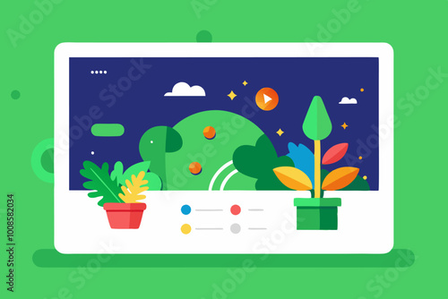 Colorful web design interface with nature elements and interactive features