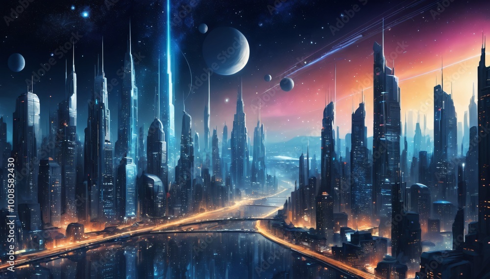 Fototapeta premium city night full of stars illustration background