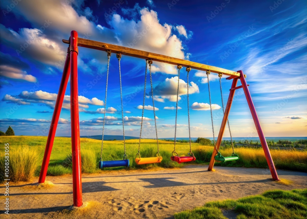 Isolated swing set against a clear sky background, symbolizing freedom and childhood joyfulness Isolated swing set against a clear sky background, symbolizing freedom and childhood joyfulness