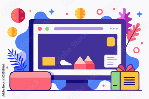 Cyber landing page design concept with colorful geometric elements and digital interface