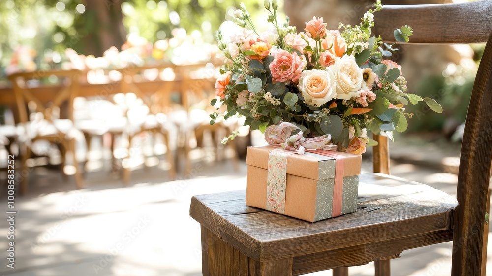 Elegant Floral Arrangement on a Wooden Chair in a Garden Setting Elegant Floral Arrangement on a Wooden Chair in a Garden Setting