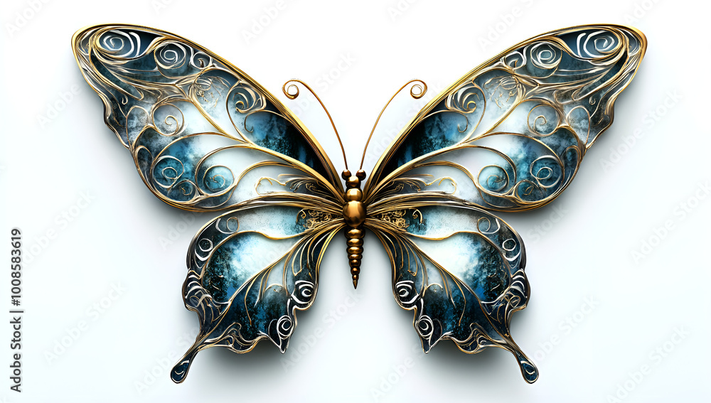 A beautifully patterned butterfly adorned in gold and blue, highlighting its elegant wings and striking appearance. A beautifully patterned butterfly adorned in gold and blue, highlighting its elegant wings and striking appearance.