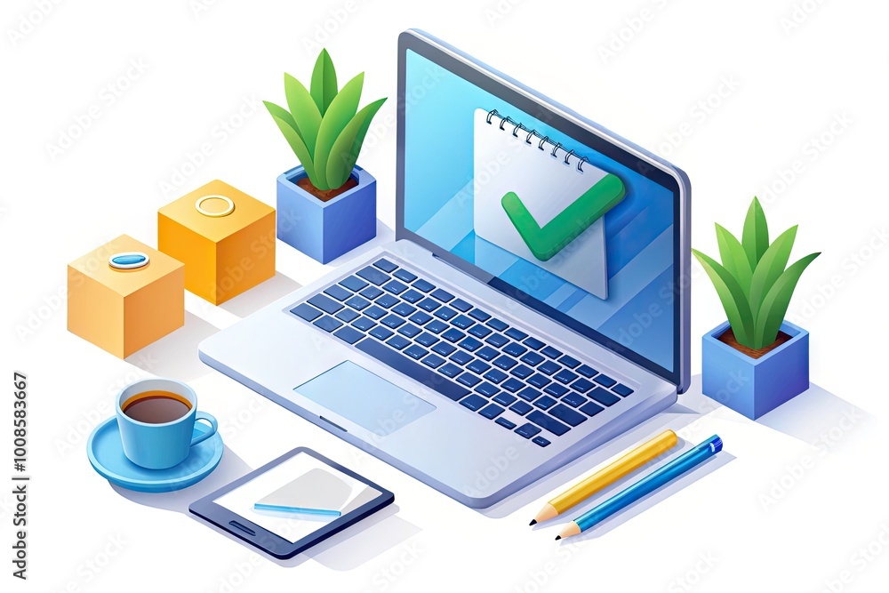 Isometric Illustration of Task Completed with Checkmark, Laptop, and Office Supplies on Desk Isometric Illustration of Task Completed with Checkmark, Laptop, and Office Supplies on Desk
