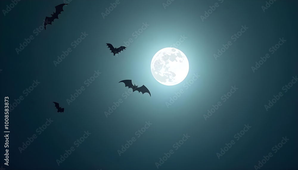 Bats soar through a night sky illuminated by a bright full moon Bats soar through a night sky illuminated by a bright full moon