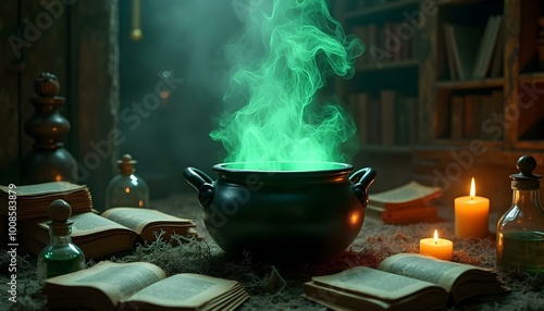 A cauldron bubbles with green smoke in a dimly lit library surrounded by candles and books photo