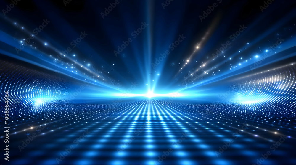 Obraz premium Abstract Blue Glowing Background with Light Beams and Grid Pattern