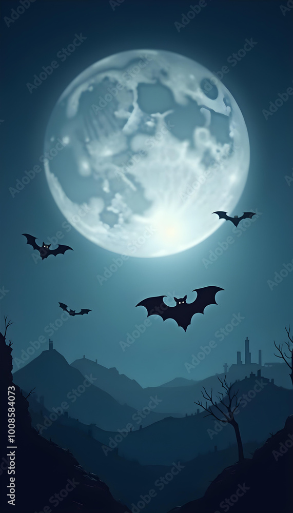 Bats soar gracefully against a luminous full moon in a night sky over mountains Bats soar gracefully against a luminous full moon in a night sky over mountains